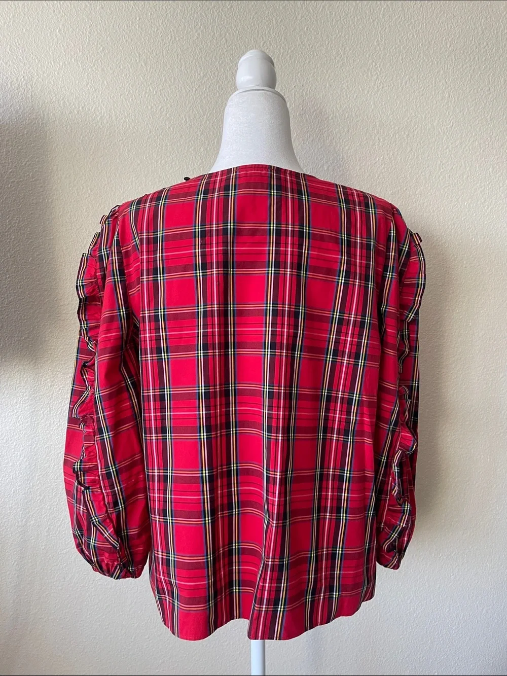 J.Crew Red Tartan Plaid Ruffle Sleeve Cotton Blouse Medium Holiday Preppy Top